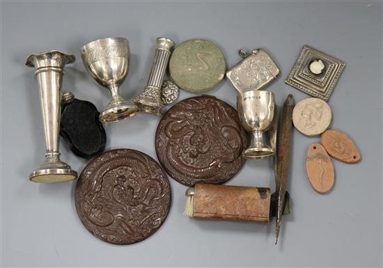 Miscellaneous items including silver spill vase, silver egg cup, silver vesta, plaques etc.